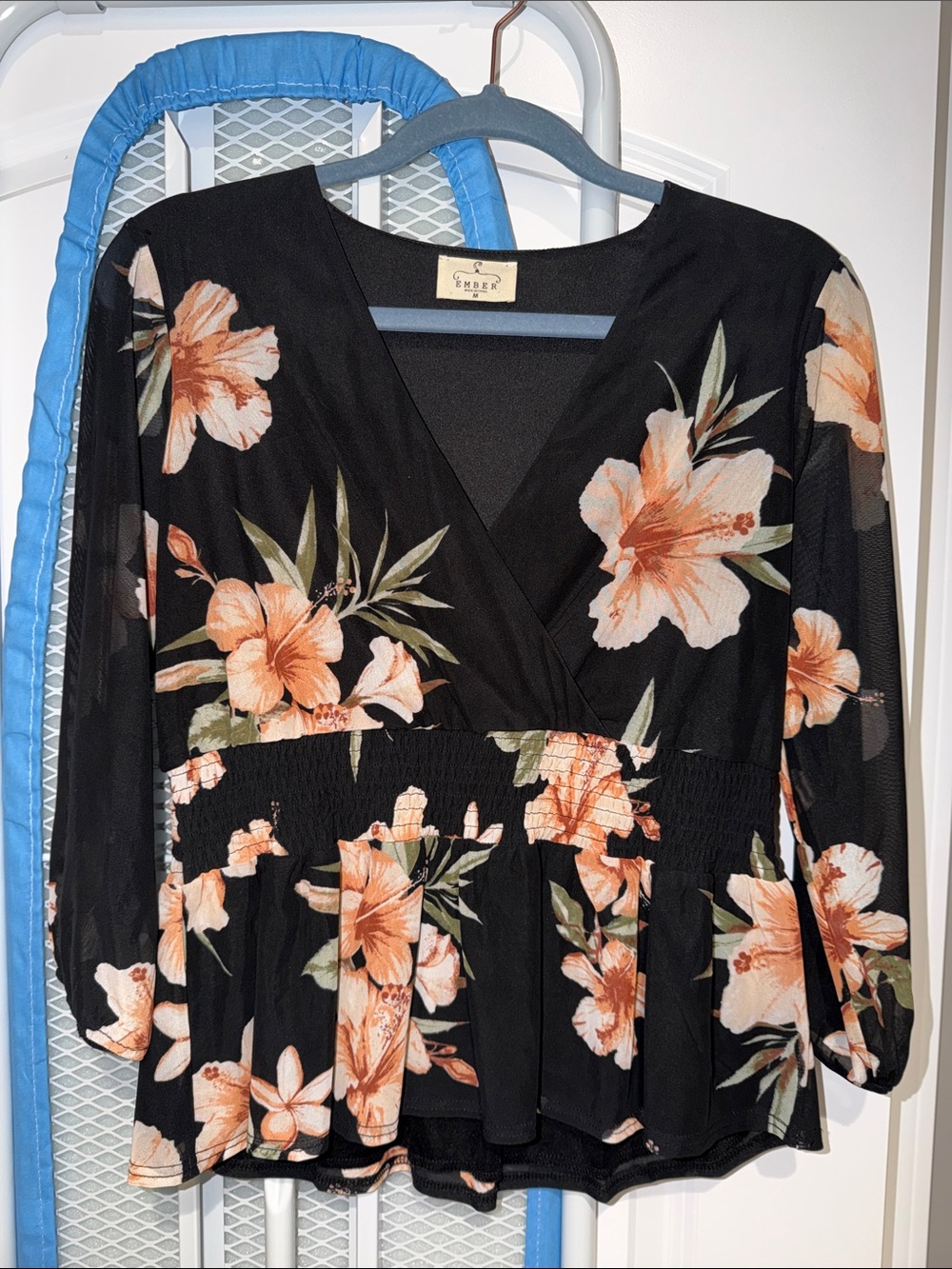 Floral Peplum Wrap Blouse - Black with Peach Floral